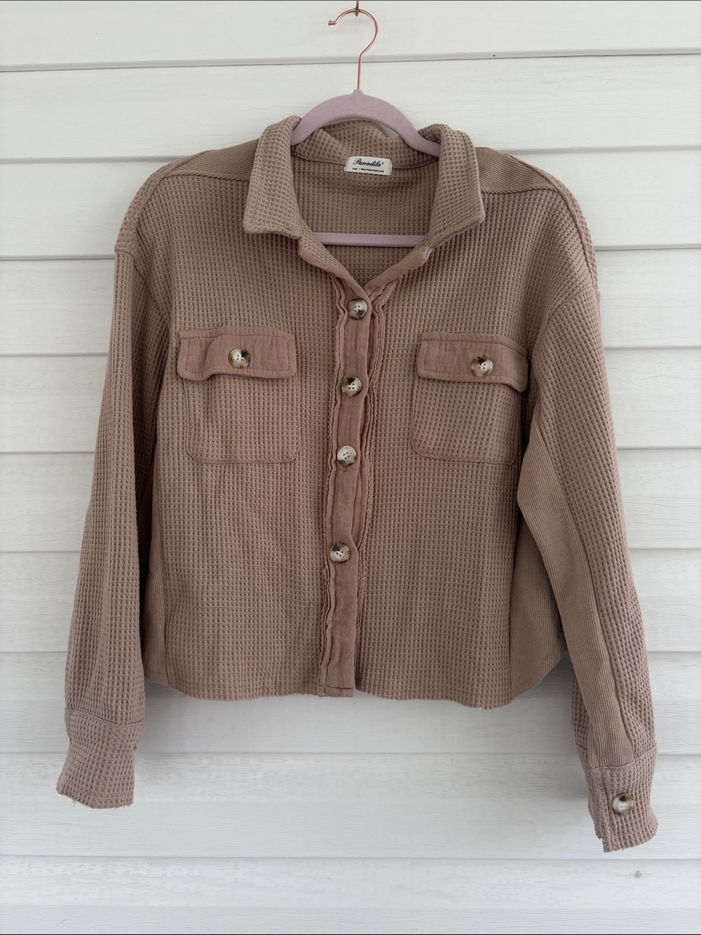 Waffle Knit Utility Shacket Taupe Button Front Overshirt Cozy Layer Jacket